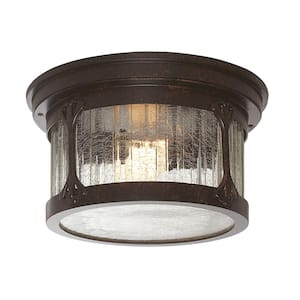 Canyon Lake 6.5 in. Chestnut 2-Light Outdoor Ceiling Flush Mount Lamp with Aged Crackle Glass Shade