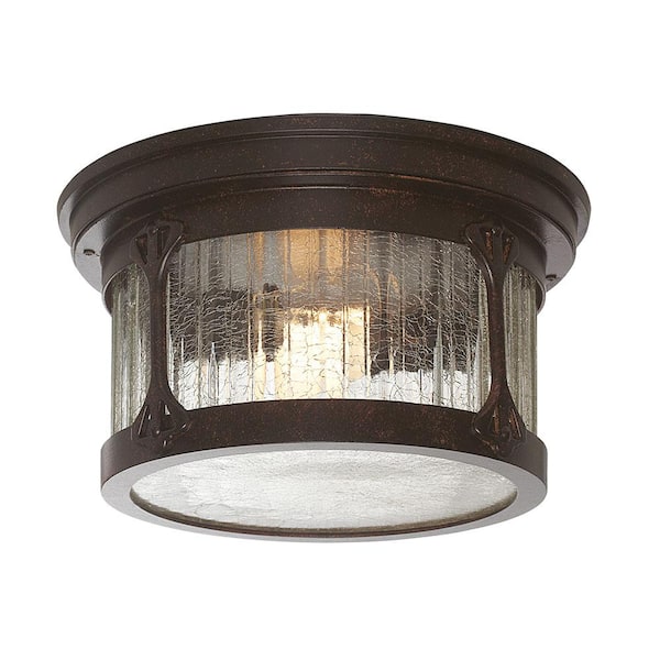 Designers Fountain Canyon Lake 2-Light Chestnut Outdoor Flush Mount Light with Aged Crackle Glass Shade