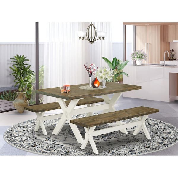 East West Furniture 3-Piece Rectangle Distressed Jacobean Finish Solid Wood Top Dining Table with 2-Benches with Backless