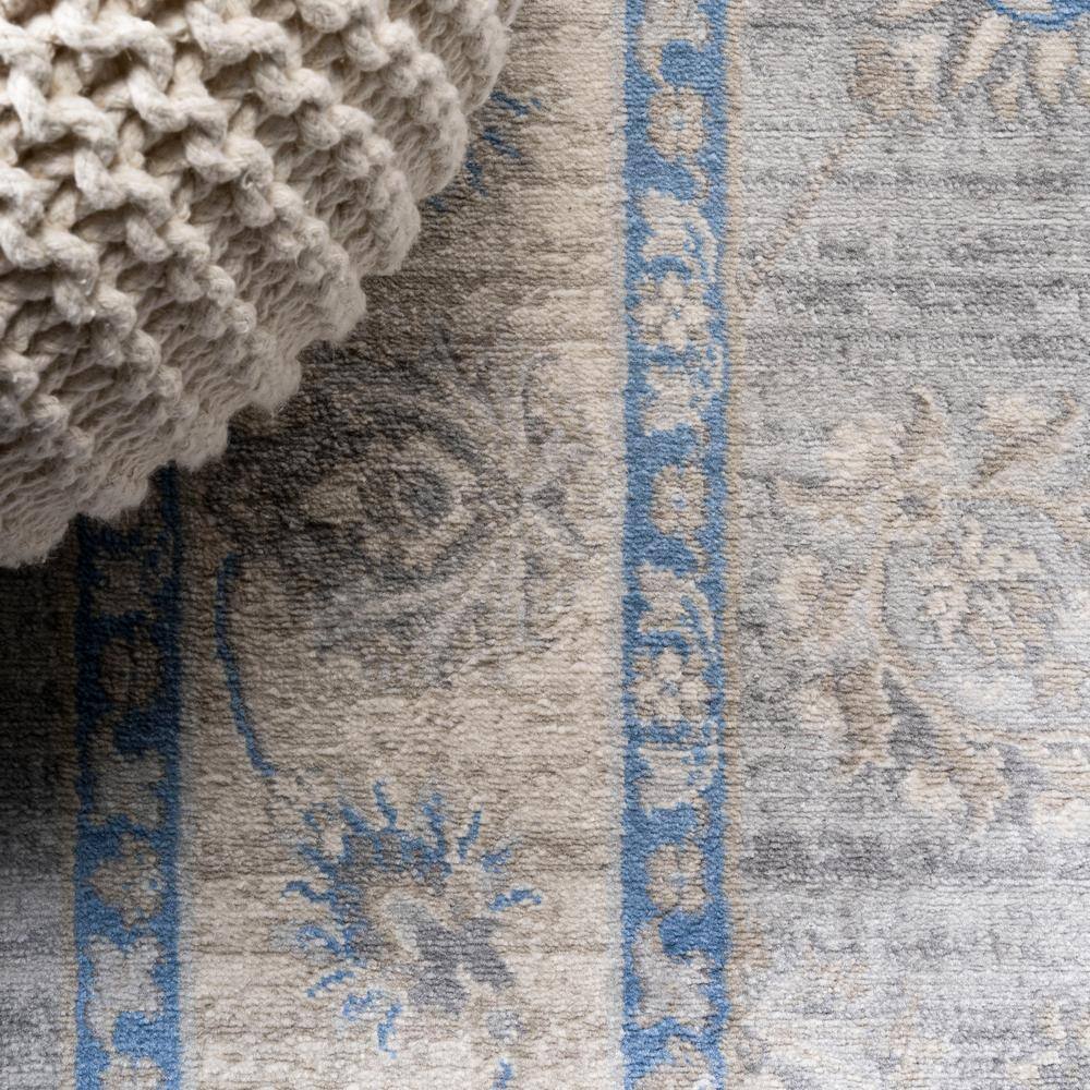 Gray and Blue Floral Synthetic Runner Rug, 2 ft x 8 ft