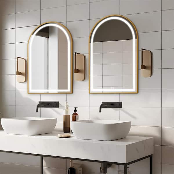 Dovelina 30 in. W x 39 in. H Arched Framed LED Anti-Fog Dimmable Wall-Mounted Bathroom Vanity Mirror in Gold