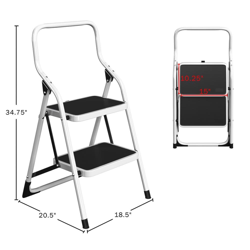White Foldable 2-Step Steel Ladder with Handrails and Tool Bag