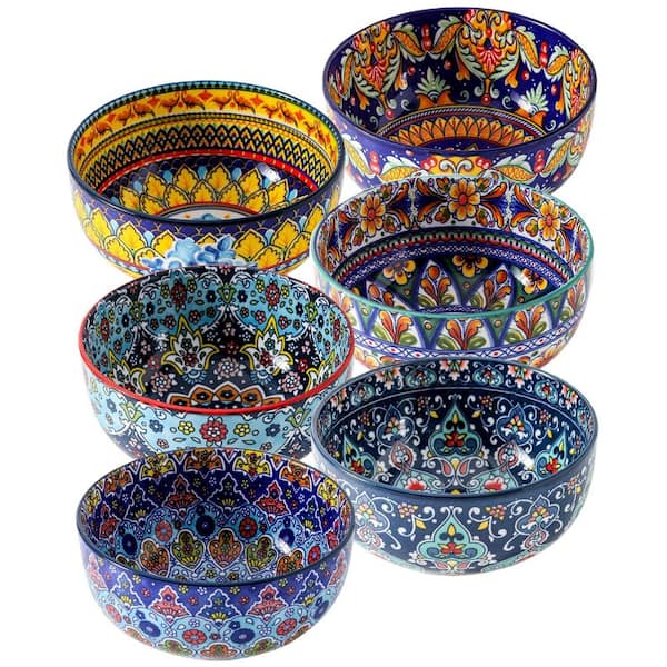 26 fl. oz. Bohemian Cereal Bowls, Ceramic Soup Bowls for Kitchen, Colorful Cereal Bowls for Rice Oatmeal Fruit Set of 6