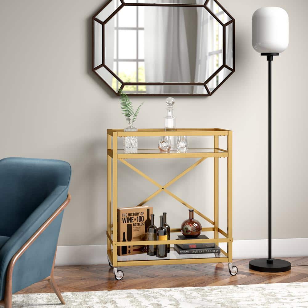 Modern Gold Metal 2-Tier Bar Cart with Glass Shelves and Storage