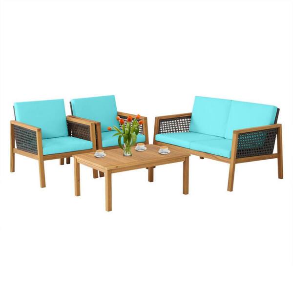 Clihome 4-Pieces Wicker and Acacia Wood Patio Conversation Set Rattan Furniture Set with Removable Turquoise Cushions