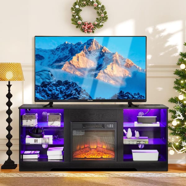 ToolCat 58 in. Freestanding Electric Fireplace TV Stand with 18 in 3D Electric Fireplace, LED Lights, USB Charging Outlet, Black
