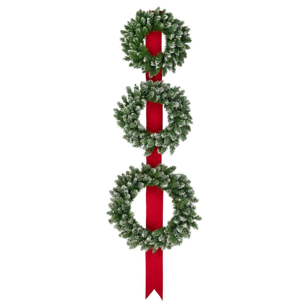 26 in. Green Battery Operated Prelit LED Frosted Artificial Christmas Wreath Trio Christmas Decoration Clear Lights price history on PriceWatchPro