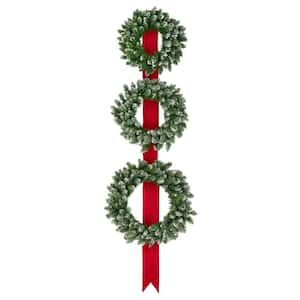 26 in. Green Battery Operated Prelit LED Frosted Artificial Christmas Wreath Trio Christmas Decoration Clear Lights