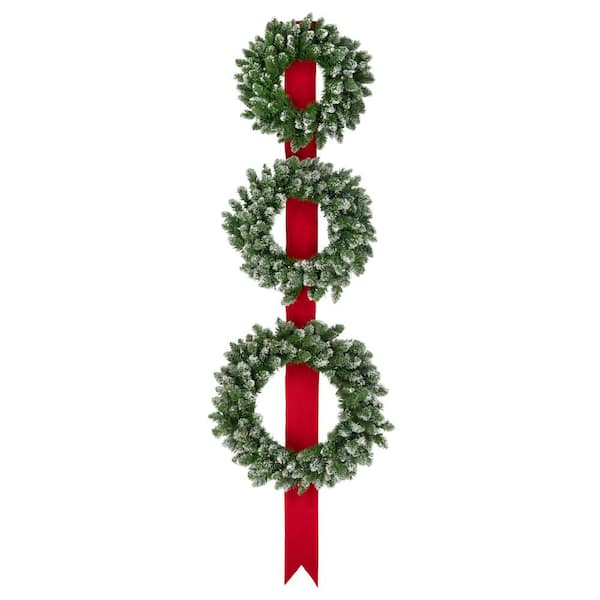 Northlight 26 in. Green Battery Operated Prelit LED Frosted Artificial Christmas Wreath Trio Christmas Decoration Clear Lights