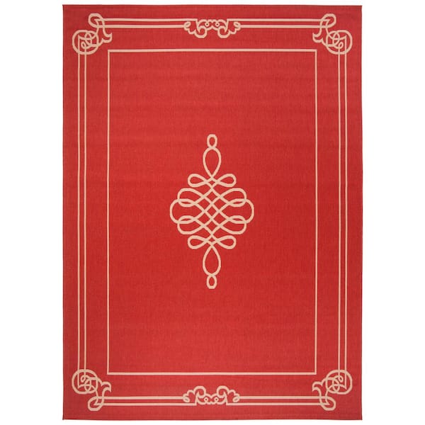Courtyard Red/Cream 8 ft. x 11 ft. Border Indoor/Outdoor Patio  Area Rug