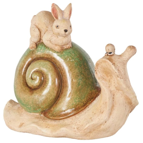 Litton Lane 12 in. Magnesium Oxide Snail Garden Sculpture with Rabbit and Green Accents
