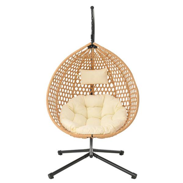 Brown Rattan Outdoor Durable Hanging Egg Chair with Beige Soft Removable Cushion