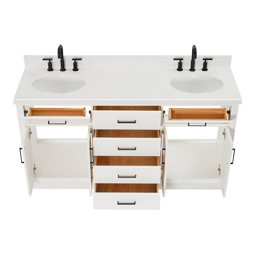 White Quartz Double Basin Freestanding Vanity with Black Hardware