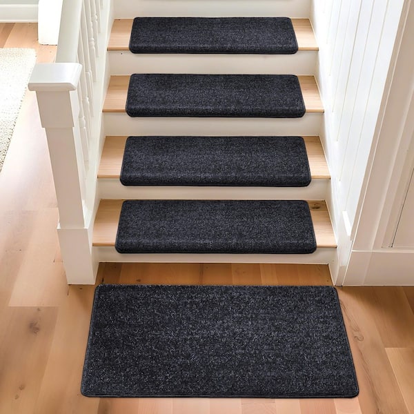 PURE ERA Black 9.5 in. x 30 in. x 1.2 in. Bullnose Polypropylene Non-slip Carpet Stair Tread Cover With Landing Mat (Set of 15)