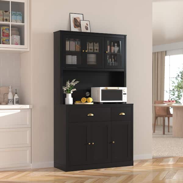 VEIKOUS Kitchen Pantry Organizers with Adjustable Shelves, Buffet Cupboard and Microwave Stand in Black