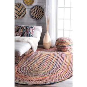Aleen Bohemian Braided Stripes Jute Multi Doormat 3 ft. x 5 ft. Oval Rug