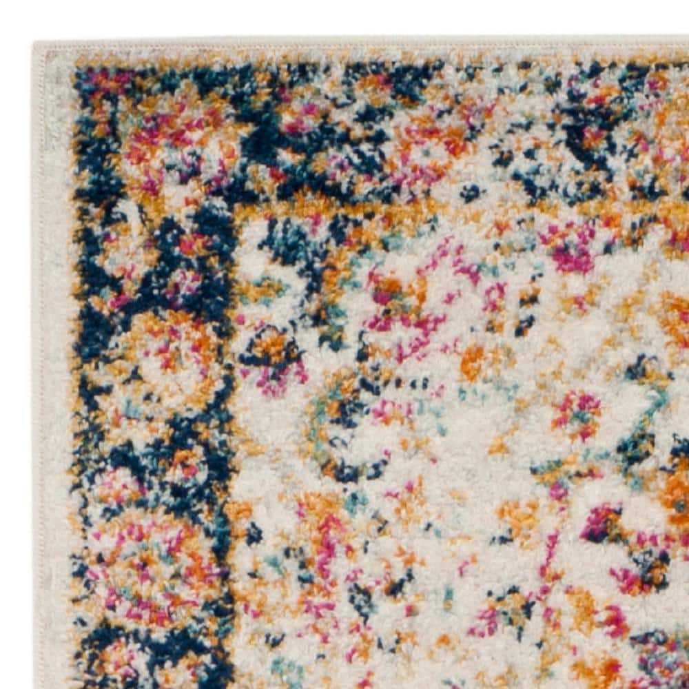 Cream and Navy Floral Motif Runner Rug