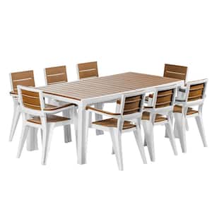 Madeira 9-Piece White and Teak Brown Indoor and Outdoor 8-Seat Rectangular Table and 8 Arm Chair Set
