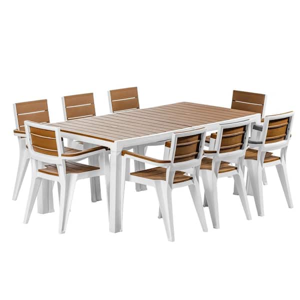 MQ Madeira 9-Piece White and Teak Brown Indoor and Outdoor 8-Seat Rectangular Table and 8 Arm Chair Set - 3 Boxes