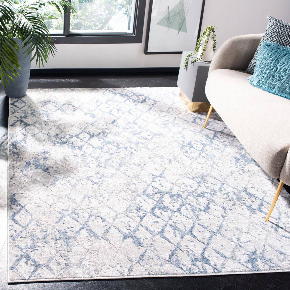 Light Grey and Blue Synthetic 10' x 14' Area Rug