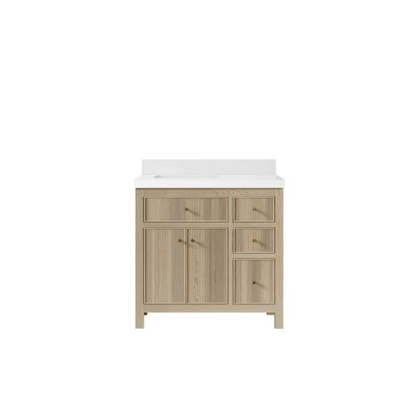 Sonoma Oak 36 in. W x 22 in. D x 36 in. H Left Offset Sink Bath Vanity in White Oak with 2 in. White Quartz Top