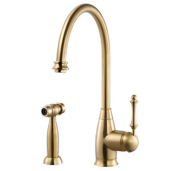 HOUZER Charlotte Traditional Single-Handle Standard Kitchen Faucet with Sidespray and CeraDox Technology in Brushed Brass