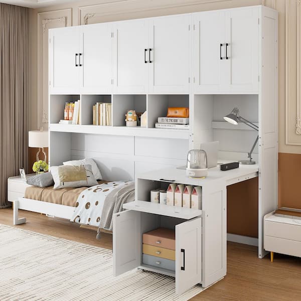 White MDF Frame Twin Size Murphy Bed with Closet, Drawers and Desk
