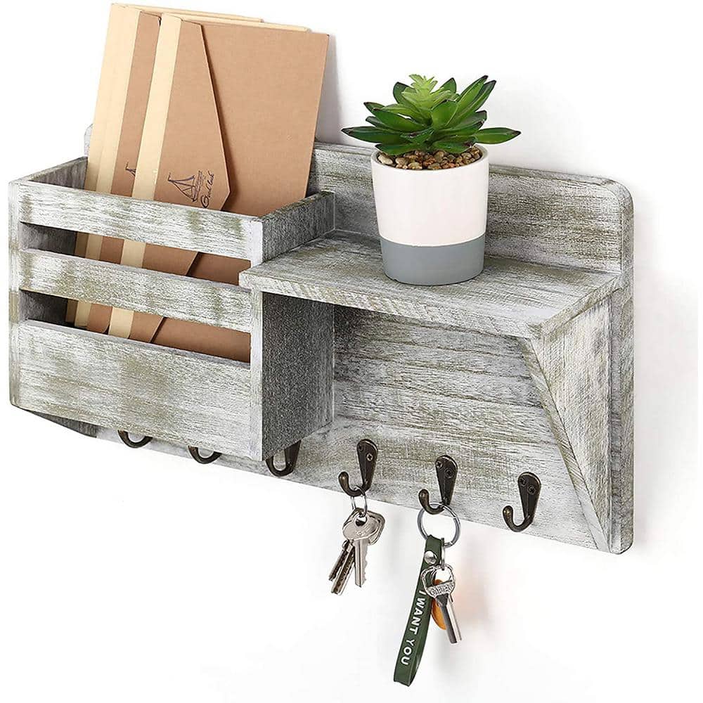 Sorbus Key Holder with Shelf for Mail, Rustic Wooden Key Rack, Mail Holder  for Wall, Entryway Key Hangers, Key & Mail Holder for Wall, Decorative Apartment  Necessities (Grey) 
