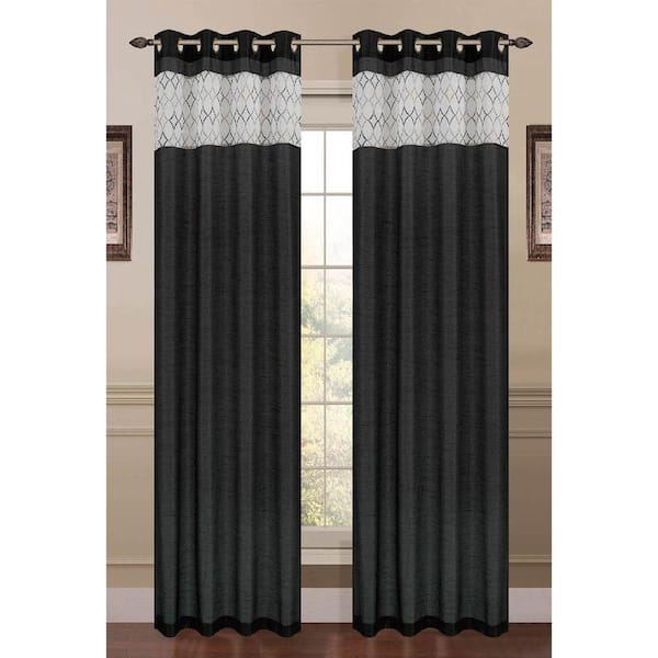 Window Elements Semi-Opaque Felicity Embroidered Faux Silk 54 in. W x 84 in. L Grommet Extra Wide Curtain Panel in Black