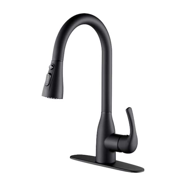 cobbe Gooseneck Single-Handle Pull Down Sprayer Kitchen Faucet with Deckplate and Sweep Spray Pull Out Sink Faucet in Black