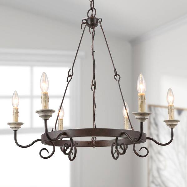 LNC Sombre 6-Light Farmhouse Antique Bronze Distressed Oak Candlestick Round Island Chandelier with Rusted Iron Wagon Wheel