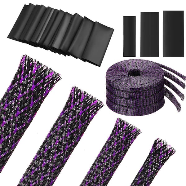 65.6 ft Purple Expandable Braided Cable Sleeve Kit 4 Sizes with 120-Piece Heat Shrink Tubing for TV Audio Computer