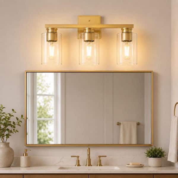 18 in. 3-Light Gold Vanity Light for Powder Room or Dressing Room with Cylinder Clear Glass Shades