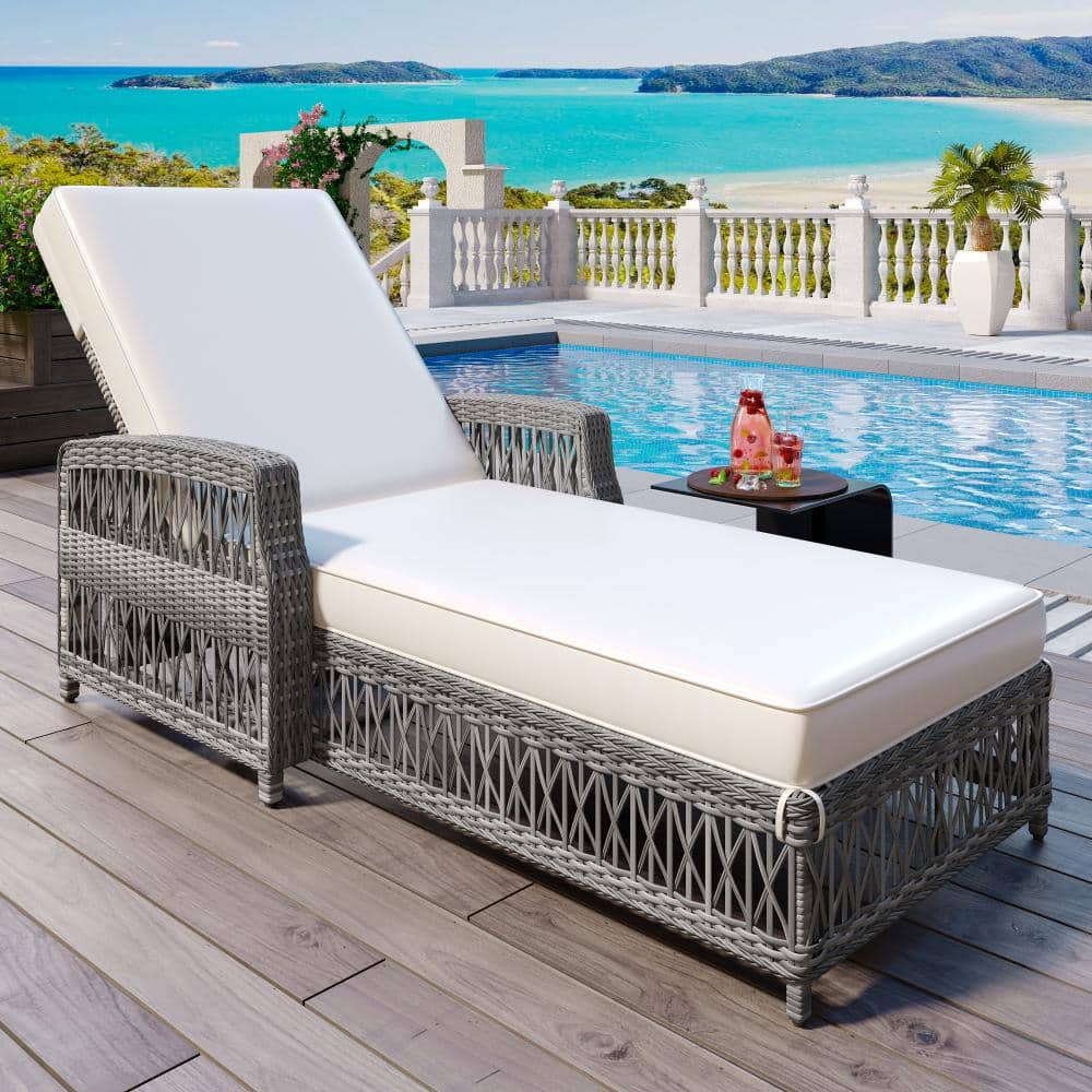 Outdoor Wicker Chaise Lounge with Armrests, Adjustable Recliner, Removable Cushions, Poolside Patio Chair, Beige price history on PriceWatchPro