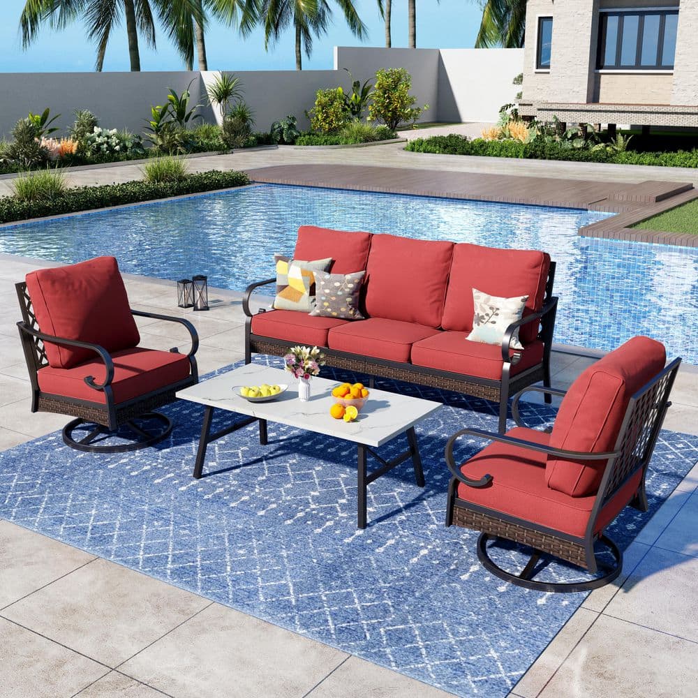 4-Piece Black Metal Outdoor Patio Conversation Set with Swivel Chairs, Marbling Coffee Table and Red Cushions price history on PriceWatchPro