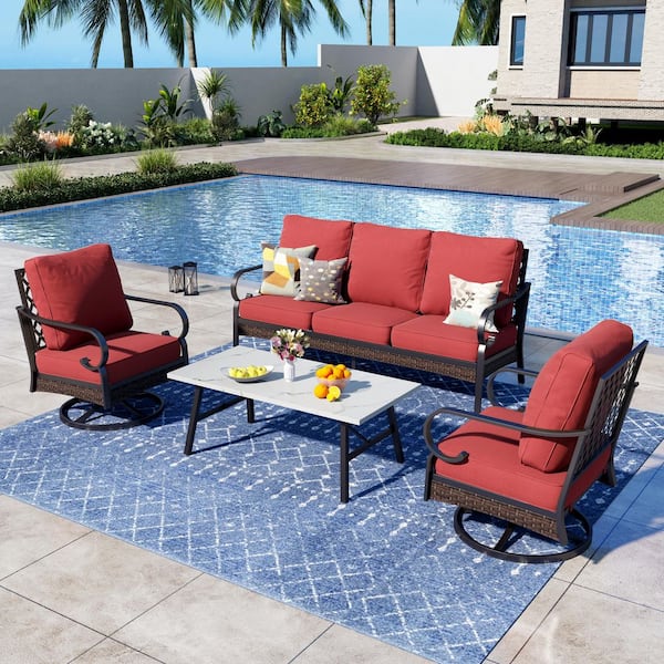 PHI VILLA 4-Piece Black Metal Outdoor Patio Conversation Set with Swivel Chairs, Marbling Coffee Table and Red Cushions