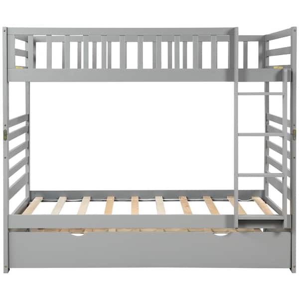 Qualler Gray Twin Over Twin Bunk Bed with Safety Rail and Trundle