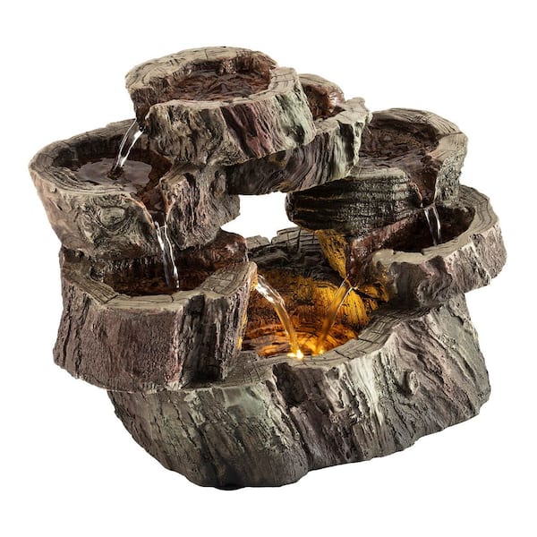 Alpine Corporation 10 in. Tall Indoor Tabletop Circular Tiered Tree Trunk Waterfall Fountain with LED Lights