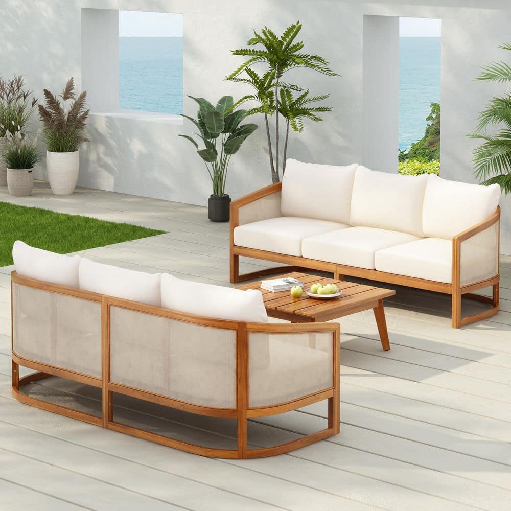 Bernie Modern Teak Finish Solid Wood Outdoor Couch Curved Patio 3 Seater Sofa with Beige Cushions, Set of 2 price history on PriceWatchPro