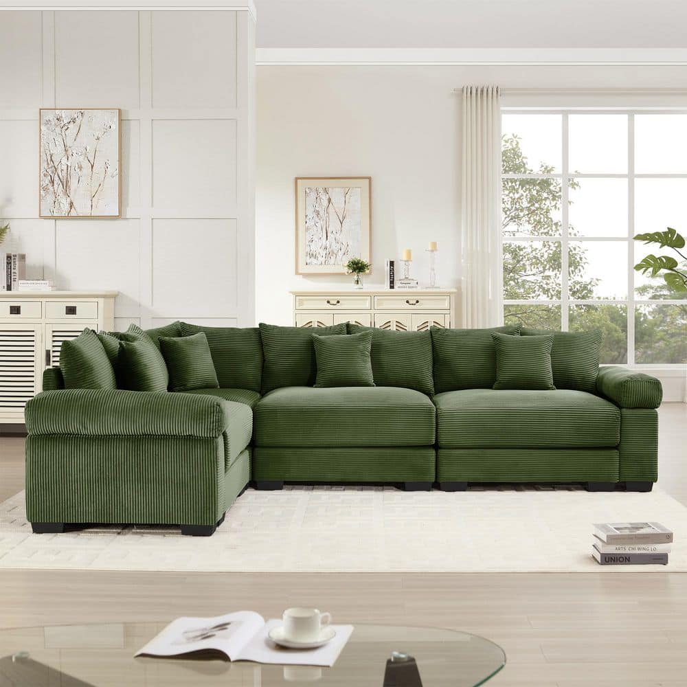 Gillian Modern 116.9 in. Cloud Corduroy Upholstery Modular L-Shaped Sectional Sofa in. Green with 13 Throw Pillows