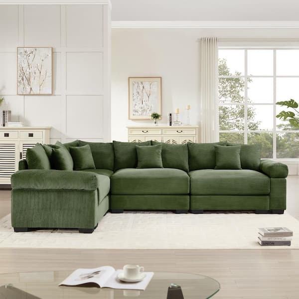 Gillian Modern 116.9 in. Cloud Corduroy Upholstery Modular L-Shaped Sectional Sofa in. Green with 13 Throw Pillows