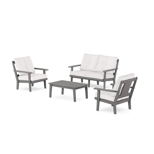 POLYWOOD Prairie 4-Pcs Plastic Patio Conversation Set with Loveseat in Slate Grey/Natural Linen Cushions
