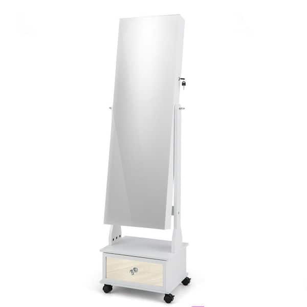 16.5 in. x 62.5 in. White Freestanding Lockable Mirrored MDF Jewelry Boxes Armoire with Lights and Drawer