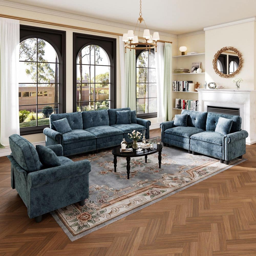 113.8 in. Roll Arm 6-Seat Chenille Modular Sectional Sofa in. Blue with Throw Pillows