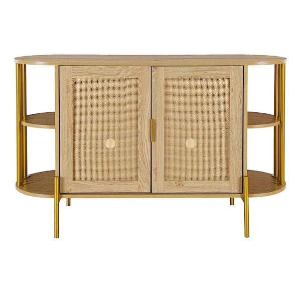 COWLOWN 47.2 in. W x 15.7 in. D x 31.1 in. H Natural Brown Linen Cabinet with Trim and 2 Woven Rattan Doors