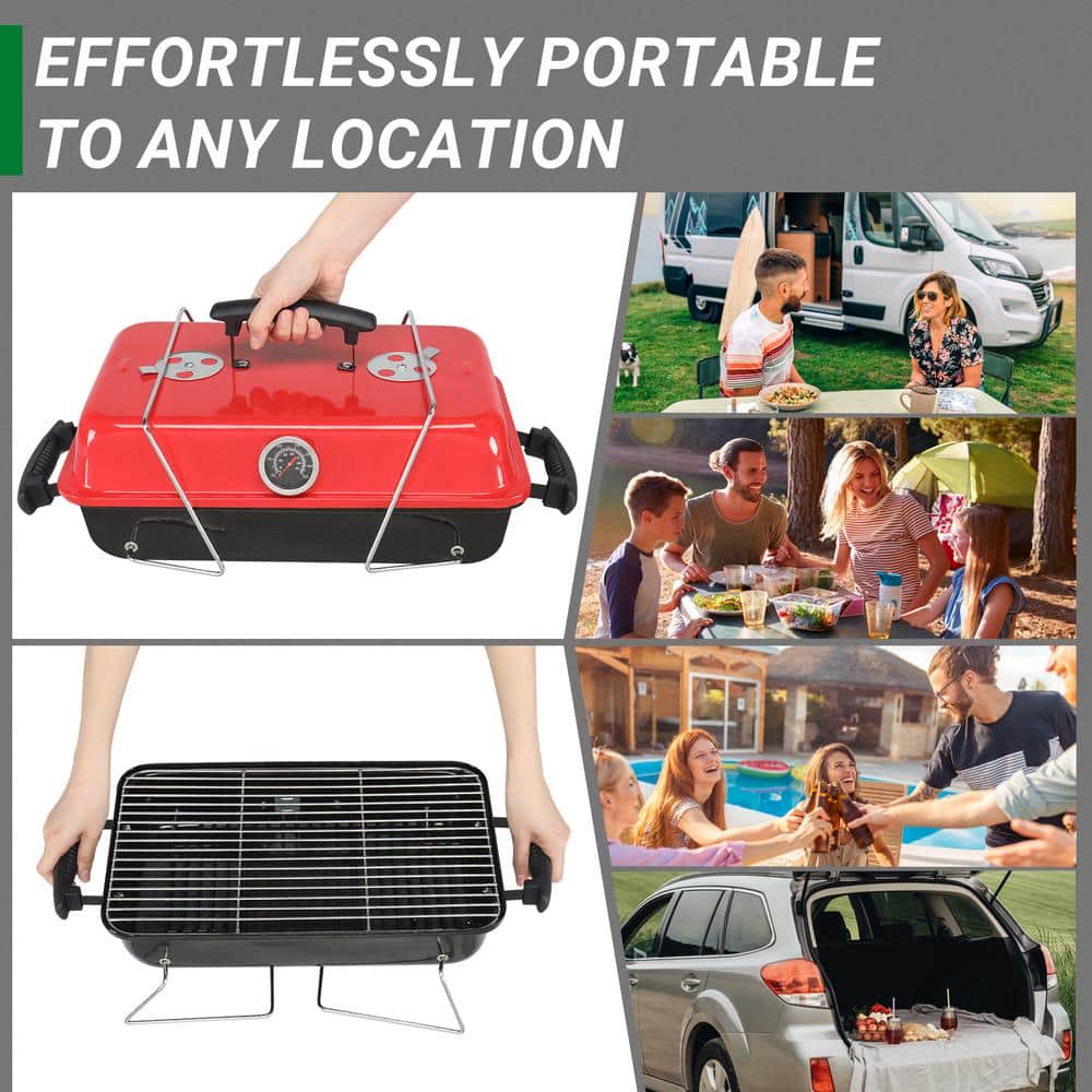 Red and Black Portable Cast Iron Charcoal Grill