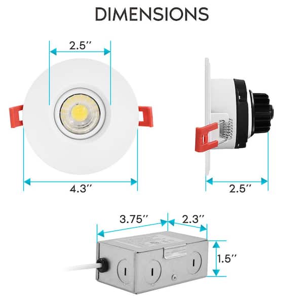 3 in. Adjustable LED Gimbal Canless Recessed Light with J-Box 5 CCT 8W 600 Lumens IC Rated Damp Rated