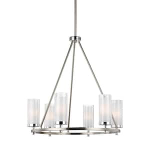 Jonah 6-Light Satin Nickel/Chrome Modern Contemporary Hanging Wagon Wheel Chandelier with Etched Glass Shades