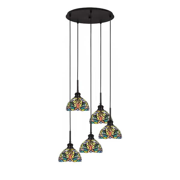 Unbranded Albany 60-Watt 19.5 in. 5-Light Espresso Cord Pendant Light Kaleidoscope Art Glass Shade No Bulbs included