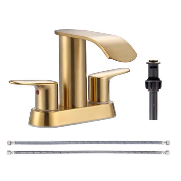 4 in. Centerset Double Handle Waterfall Bathroom Faucet with Drain Kit and Supply Lines Included in Brushed Gold